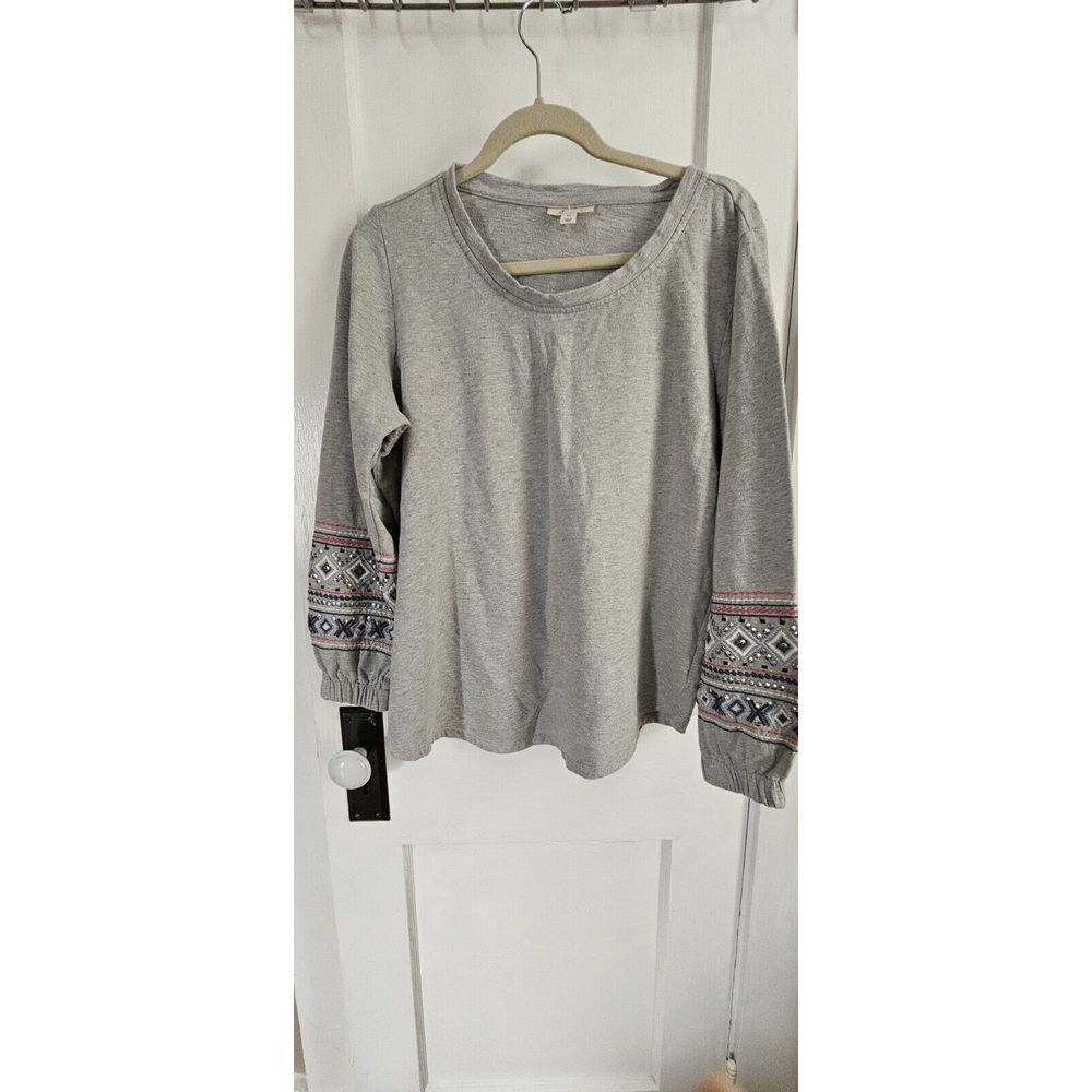style& co women long embellished embroidered sleeves gray 100% COTTON top sz 0X